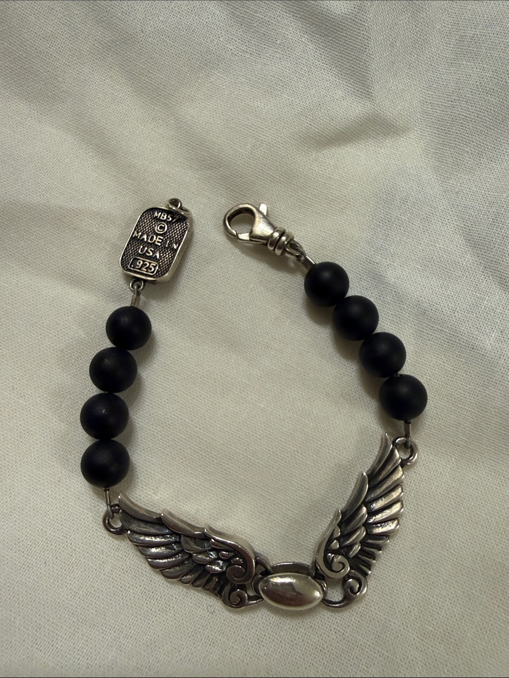 King Baby Studio Black Bead Bracelet with Sterling Wing Motif